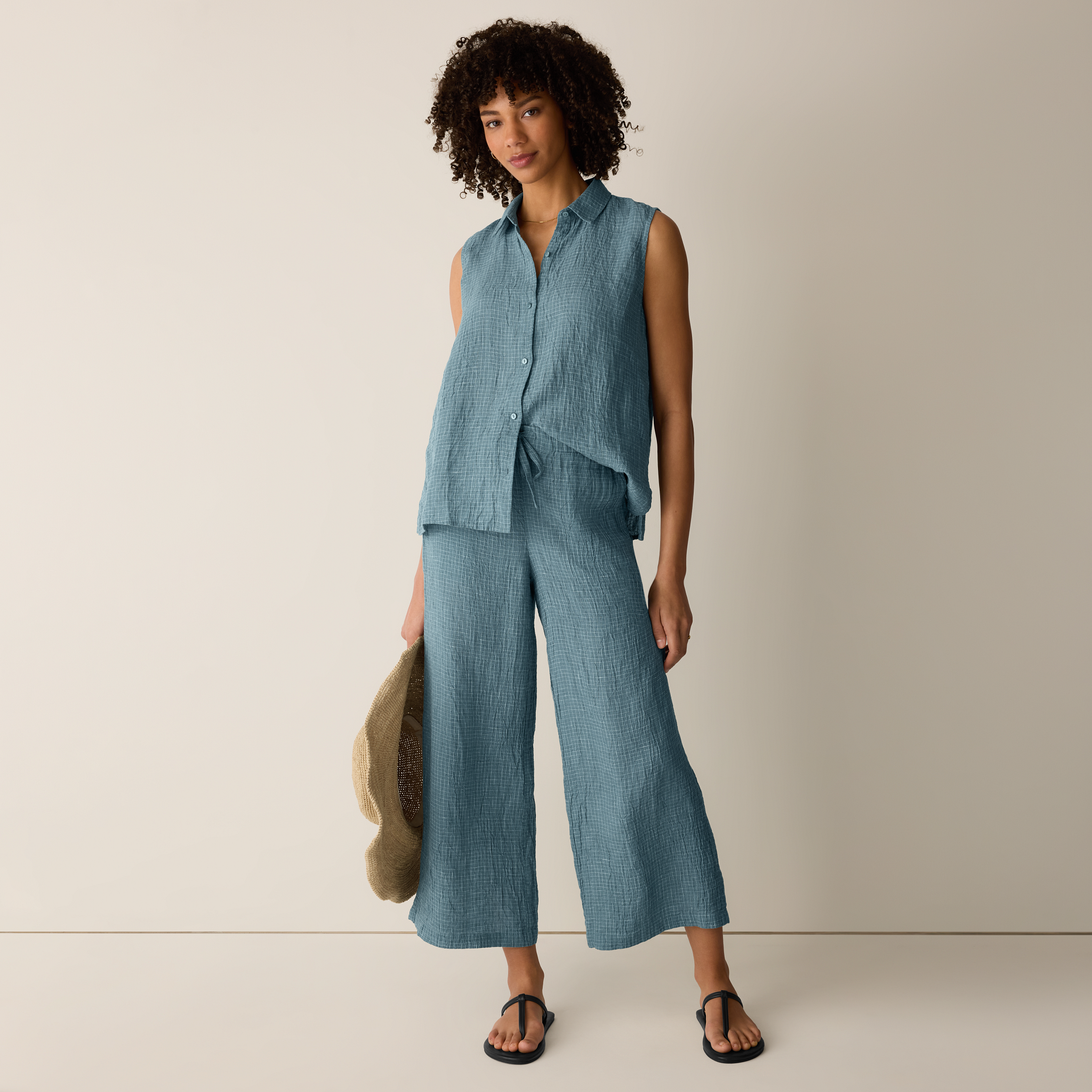 Puckered Organic Linen Grid Wide-Leg Pant