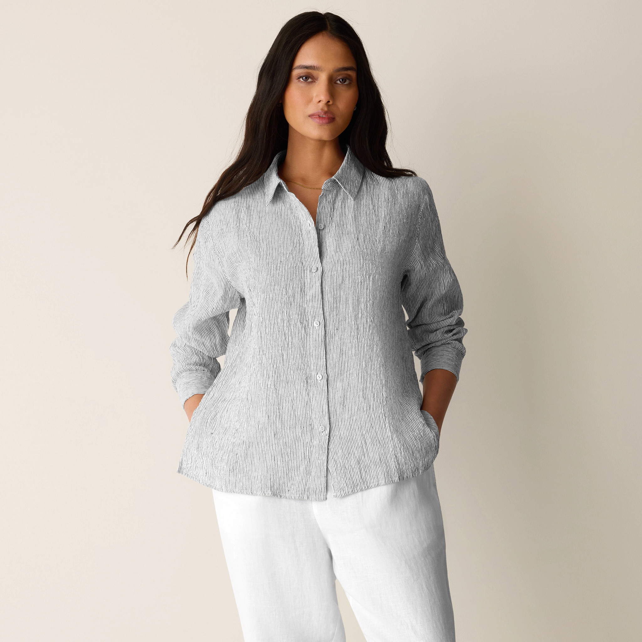 Puckered Organic Linen Stripe Classic Collar Shirt from EILEEN FISHER - $188