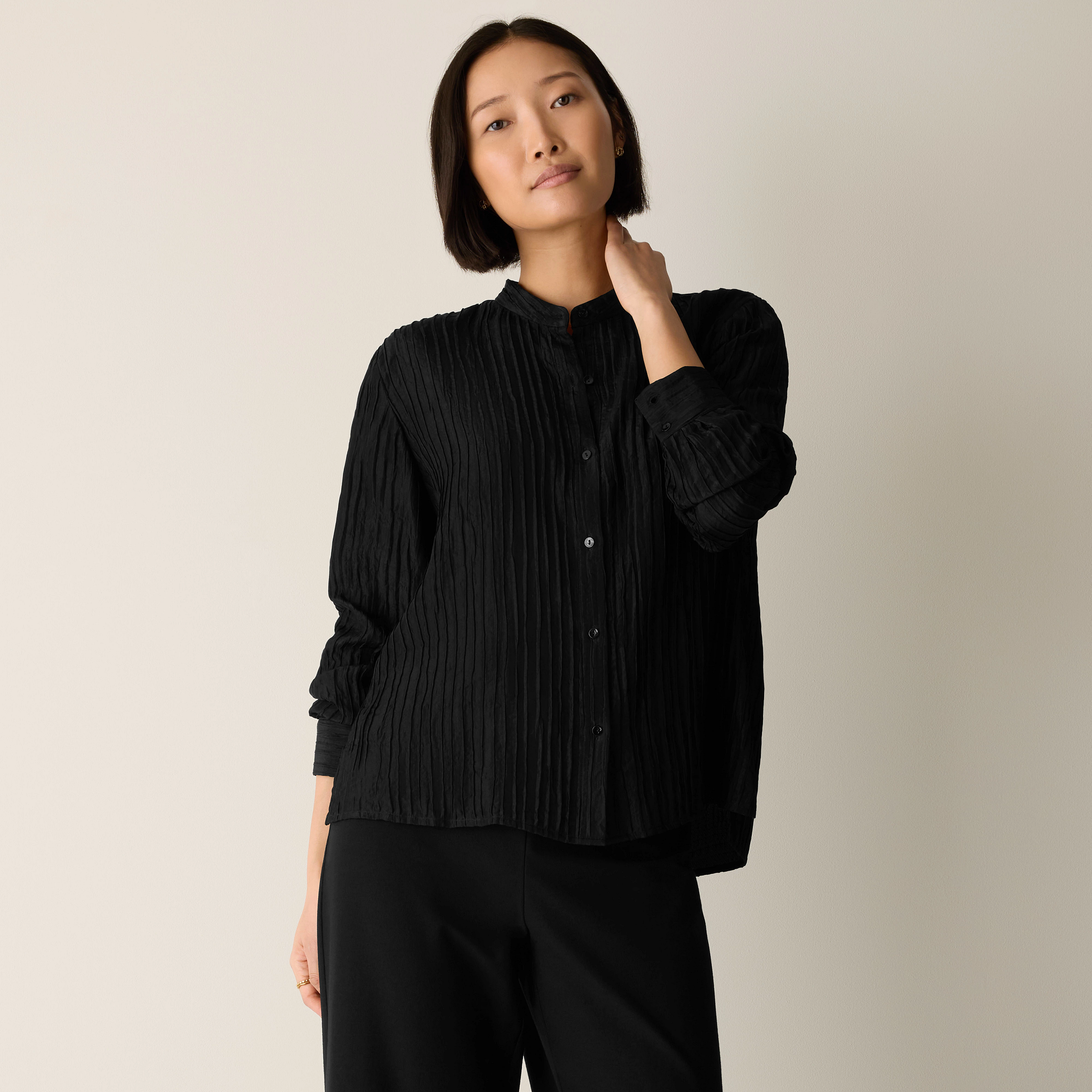 Textured Silk Jacquard Band Collar Shirt from EILEEN FISHER - $278