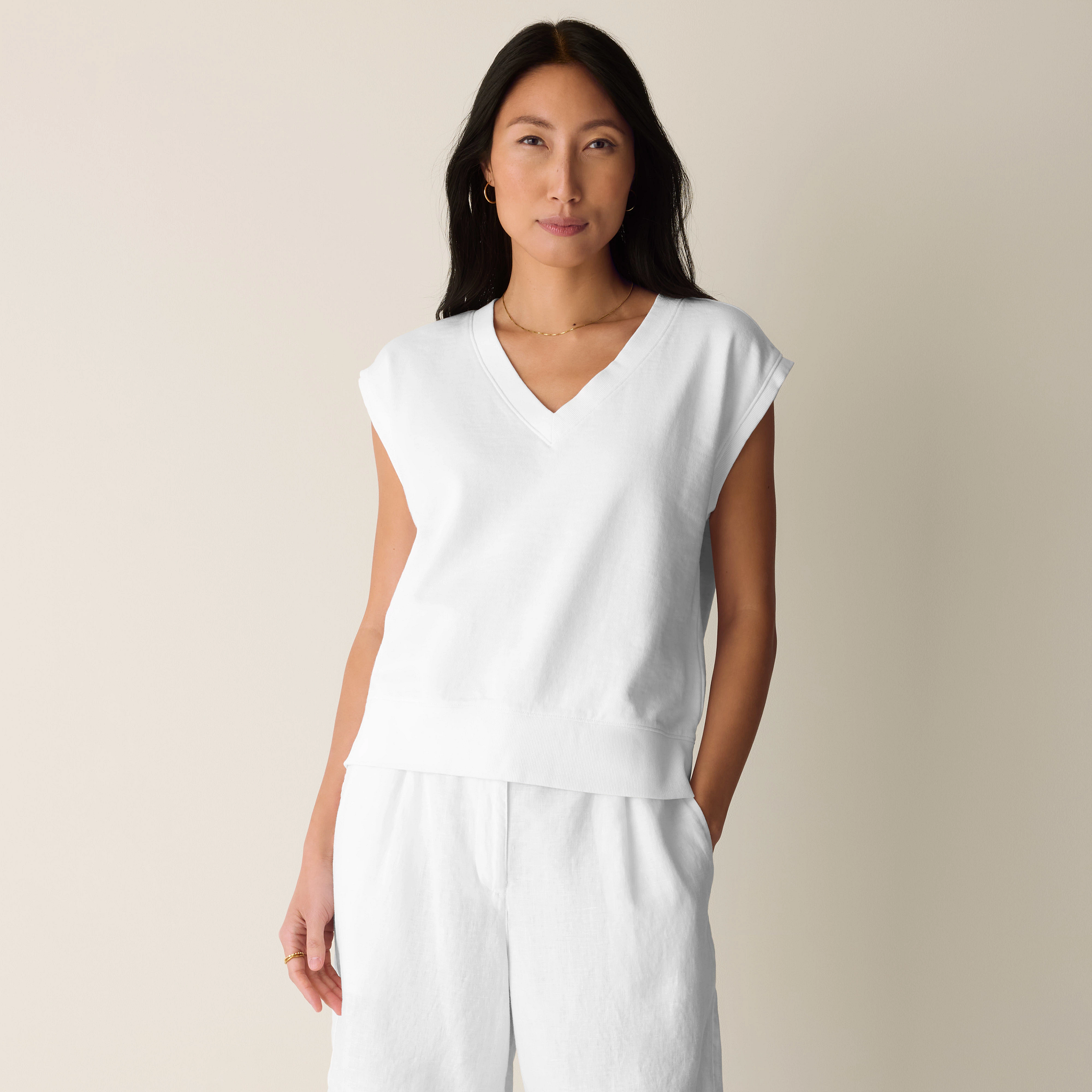 Garment-Dyed Organic Cotton Terry V-Neck Top