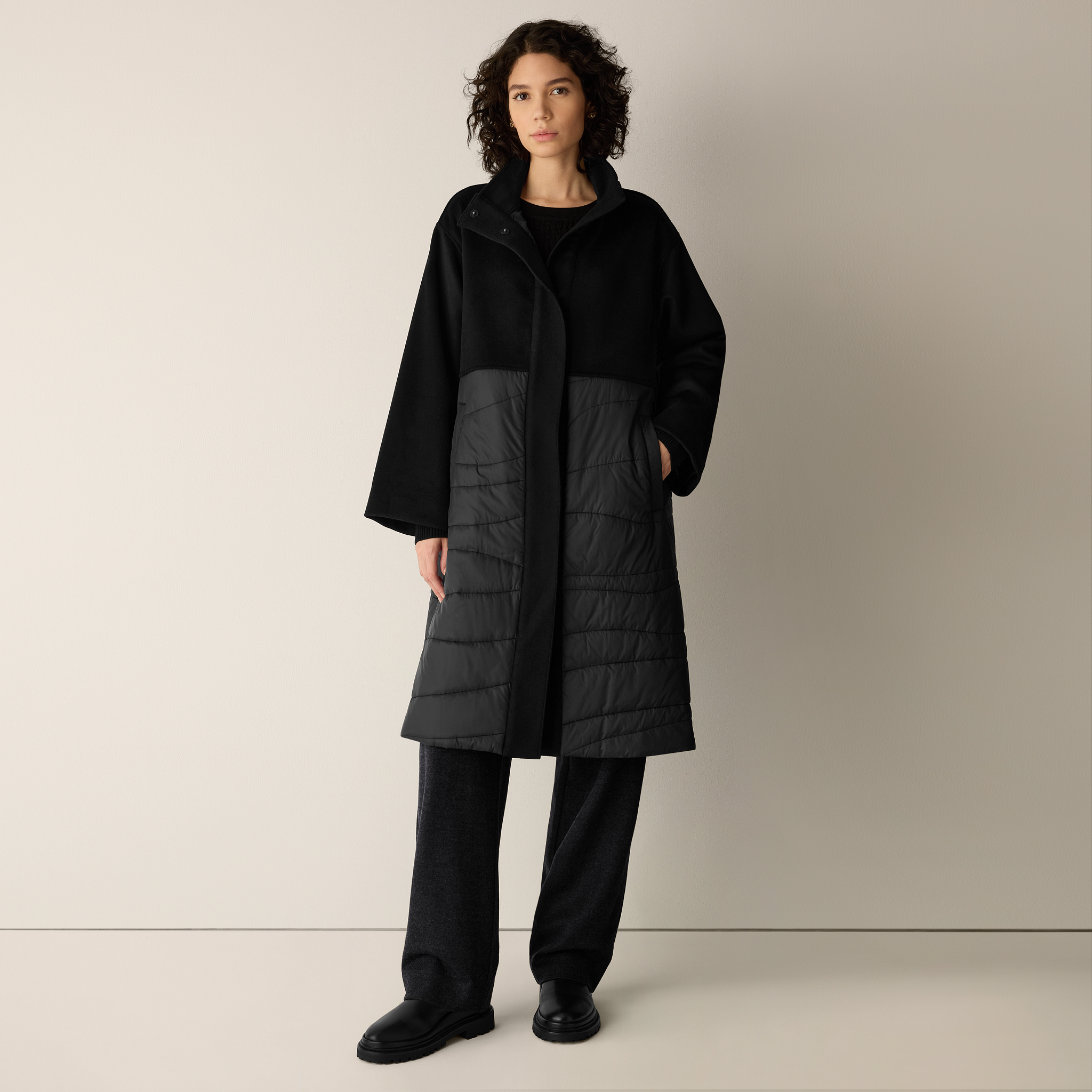 EILEEN FISHER レイヤー シルク コート ワンピース XS Eggshell Recycled Nylon Stand Collar Coat | EILEEN FISHER