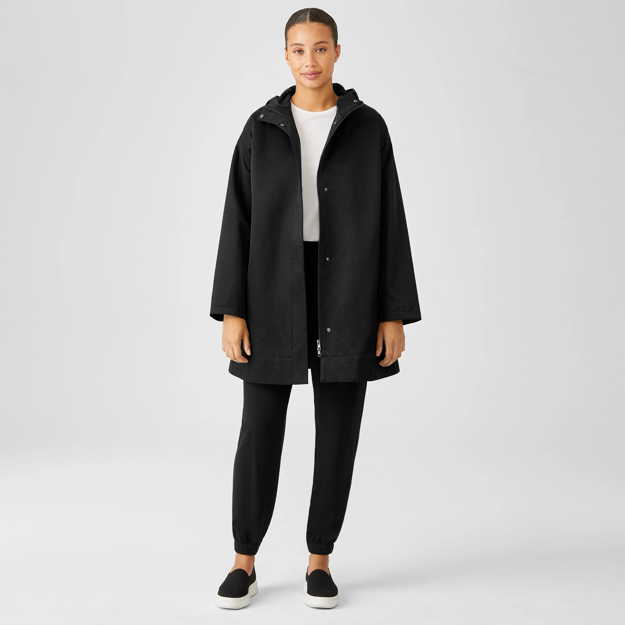 Organic Cotton Nylon Hooded Long Jacket | EILEEN FISHER