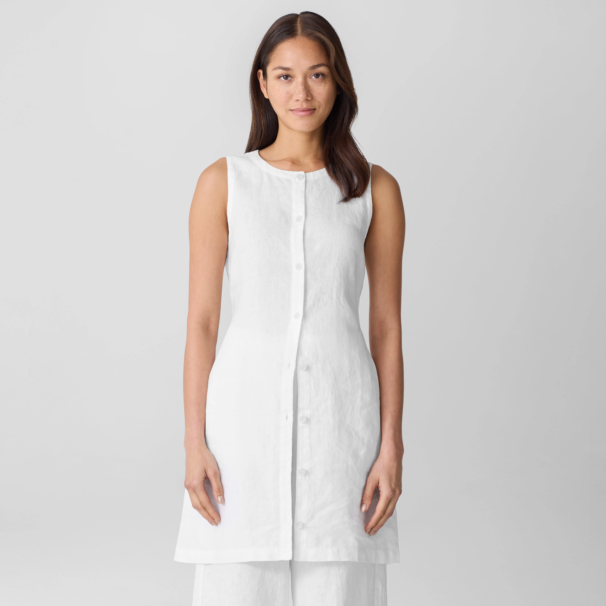 Organic Linen Round Neck Long Vest | EILEEN FISHER