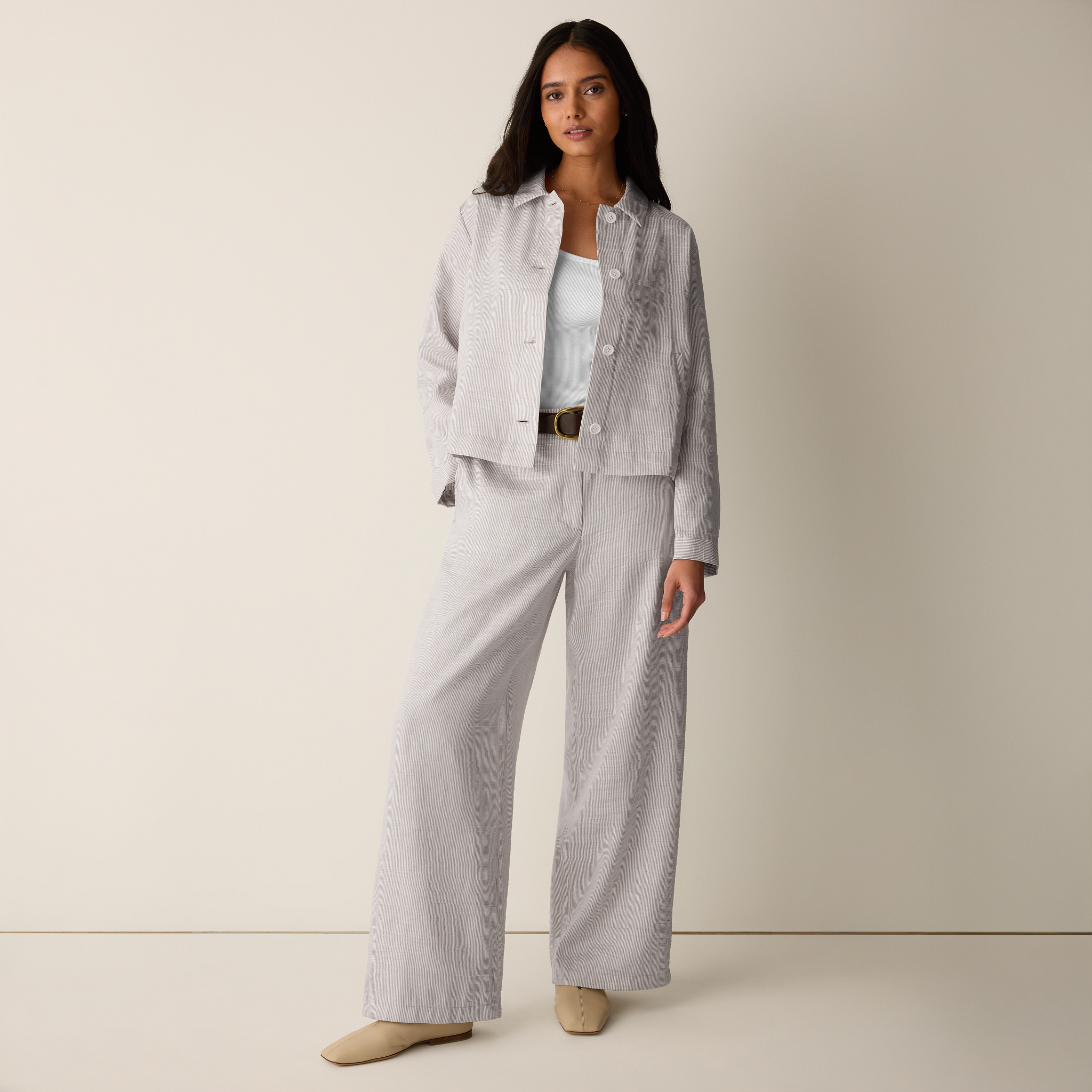Striped Linen Nylon Sheen Full-Length Trouser Pant