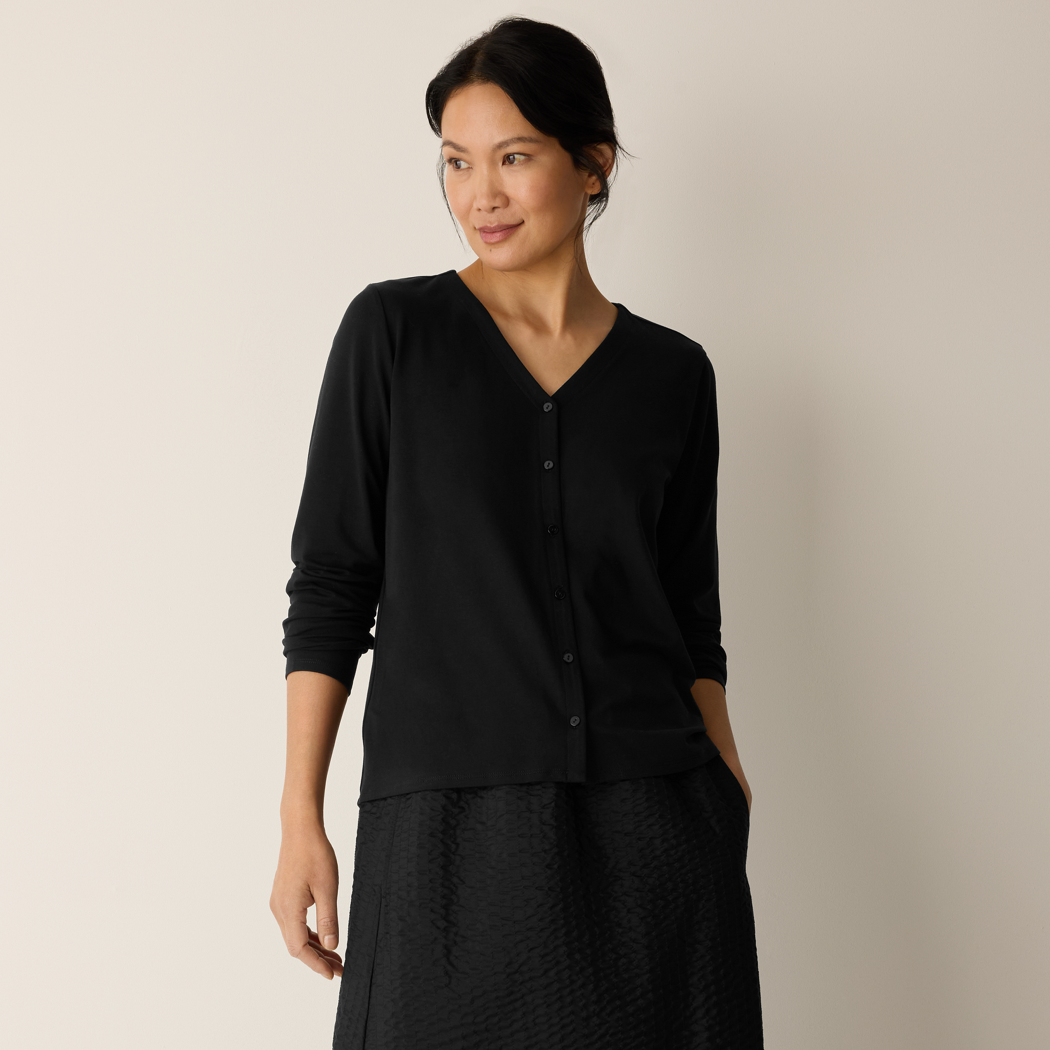 Stretch Jersey Knit Button-Front Top