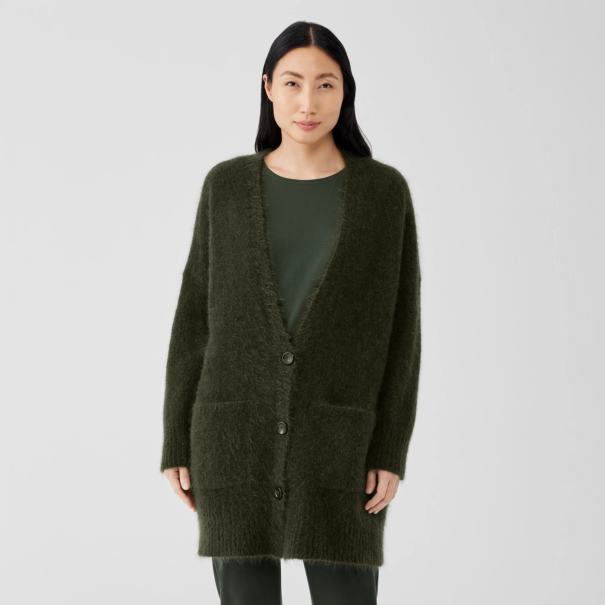 Mohair Plush Melange V-Neck Cardigan 