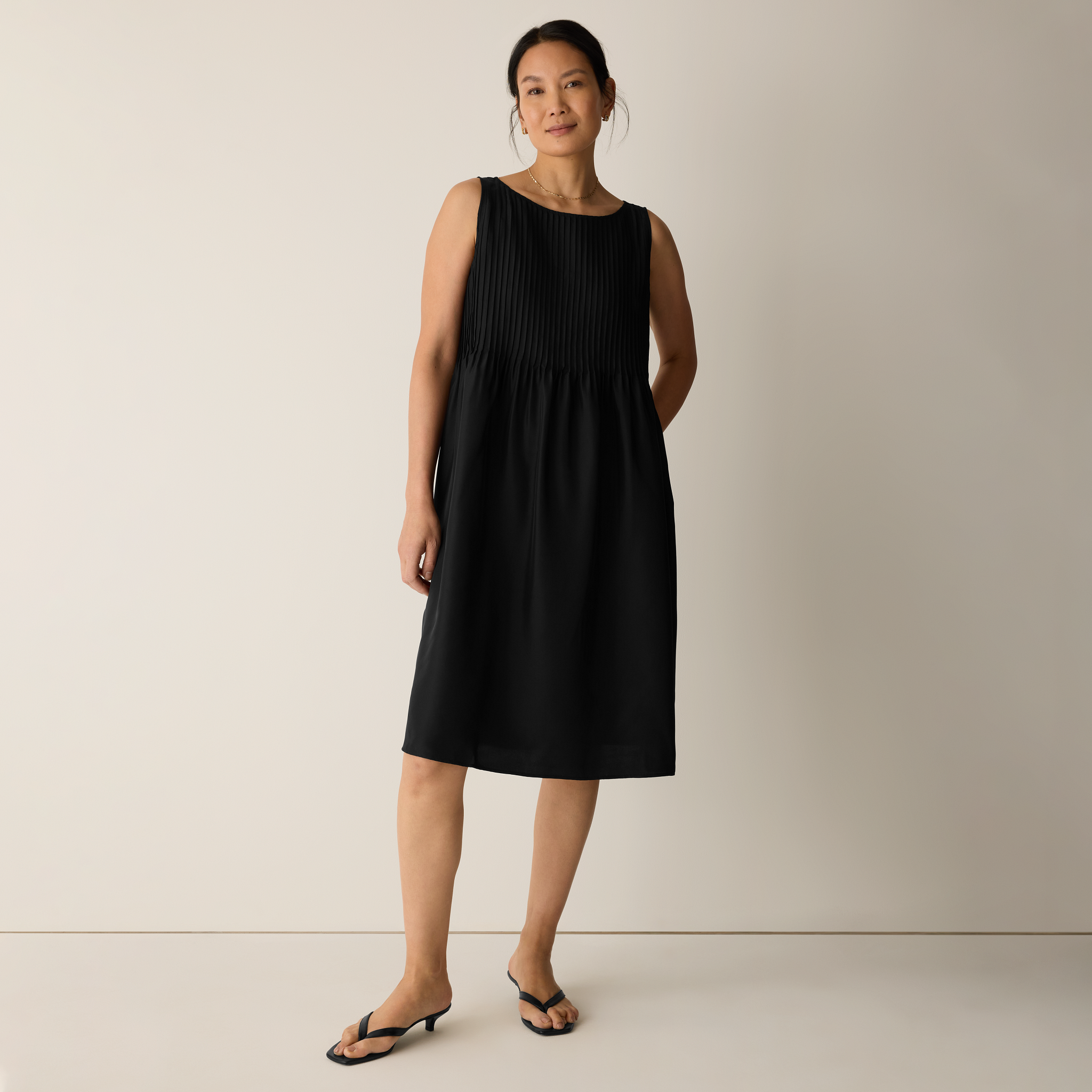 Pleated Silk Bateau Neck Dress