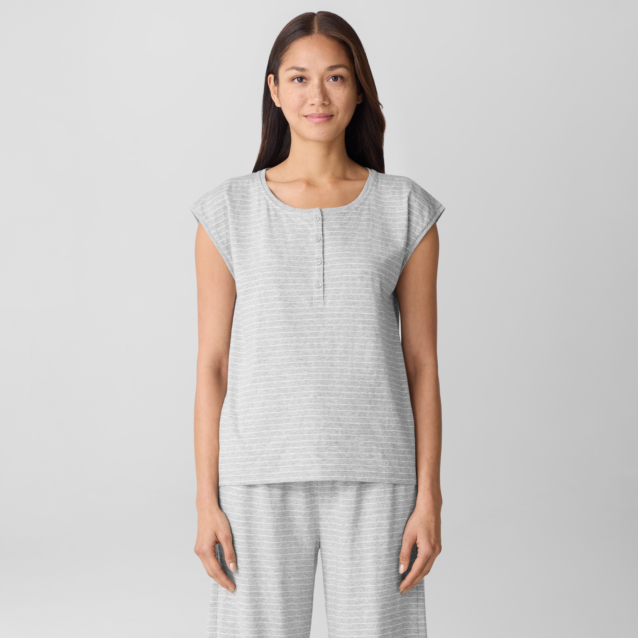 Striped Organic Cotton Jersey Henley Sleep Top