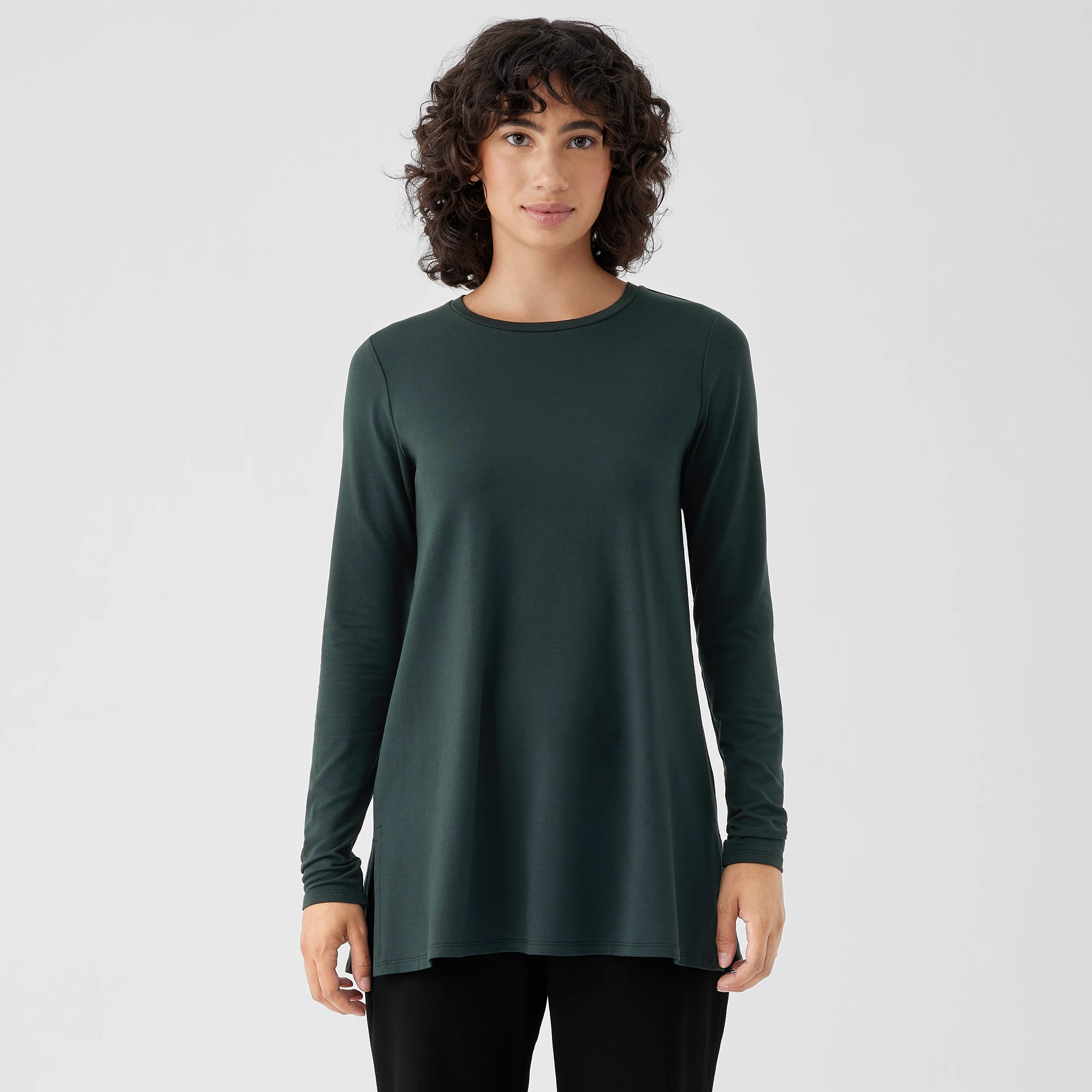 Stretch Jersey Knit Crew Neck Long Top EILEEN FISHER