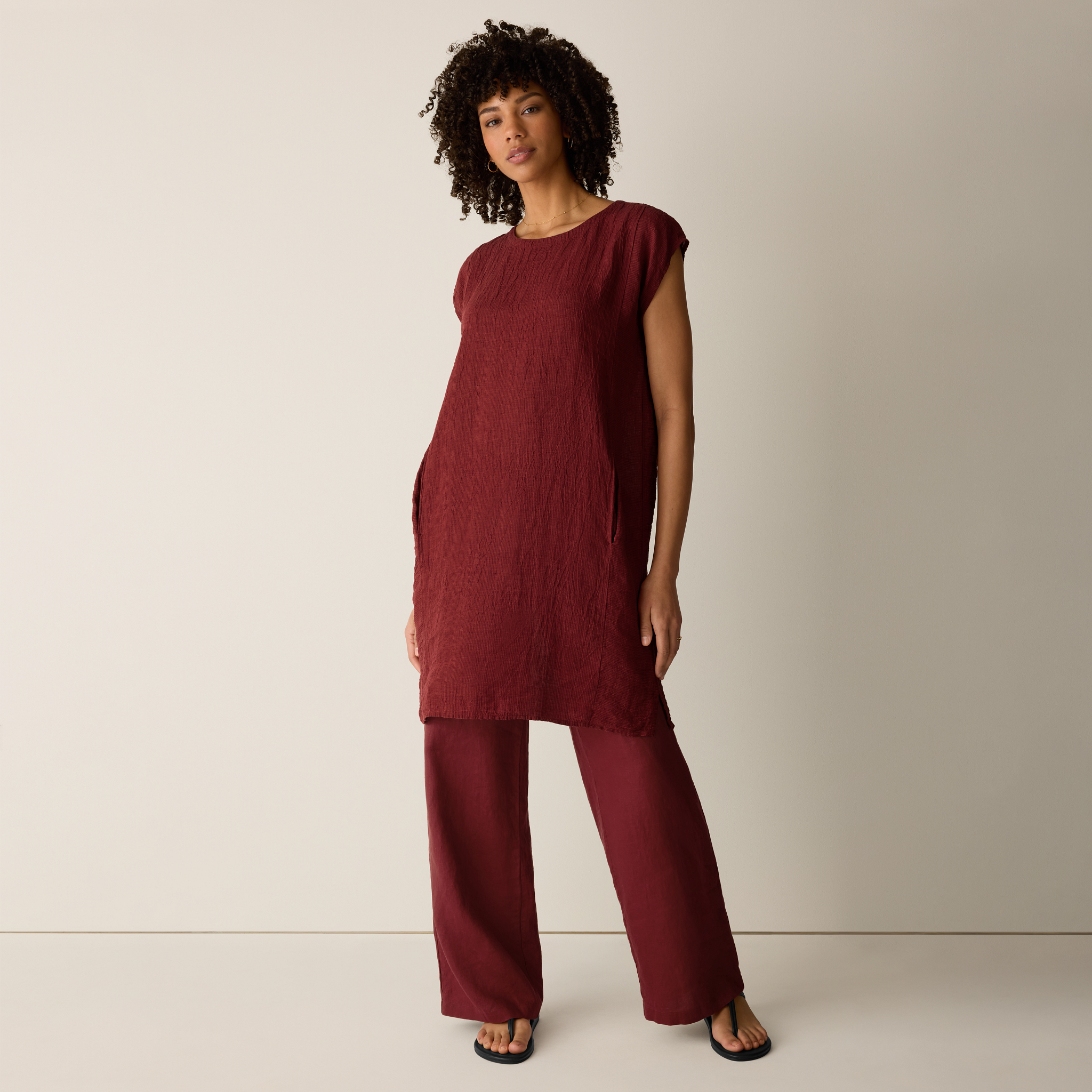 Puckered Organic Linen Stripe Jewel Neck Dress from EILEEN FISHER - $228