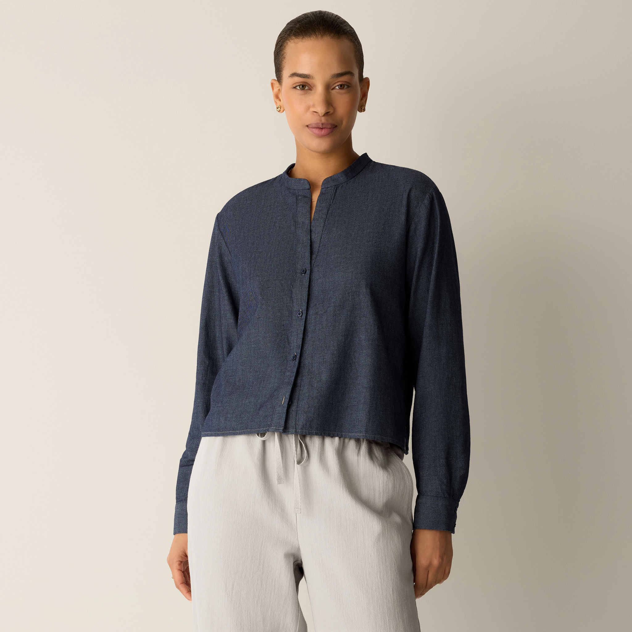 Airy Organic Cotton Twill Band Collar Shirt from EILEEN FISHER - $168