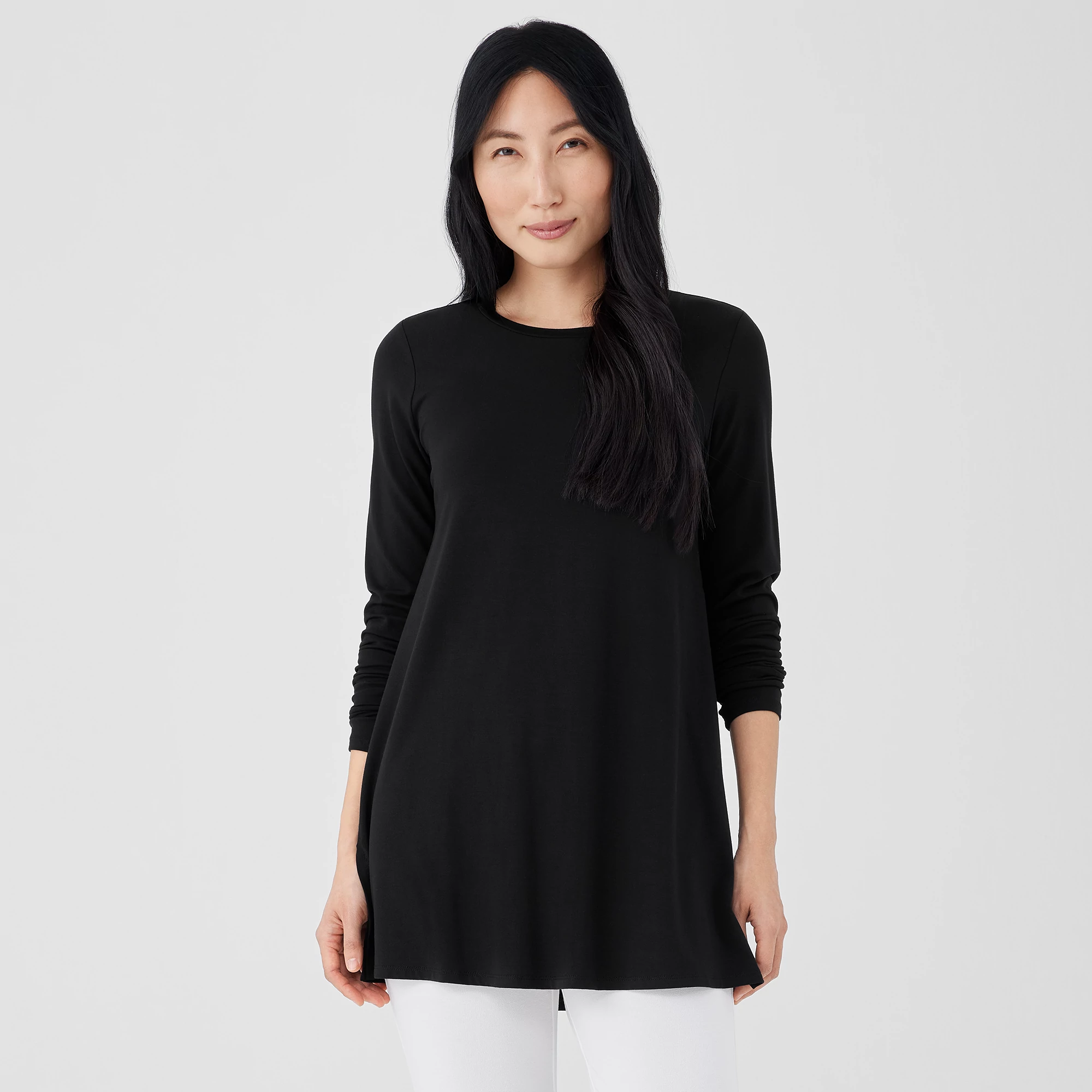 Stretch Jersey Knit Crew Neck Long Top EILEEN FISHER