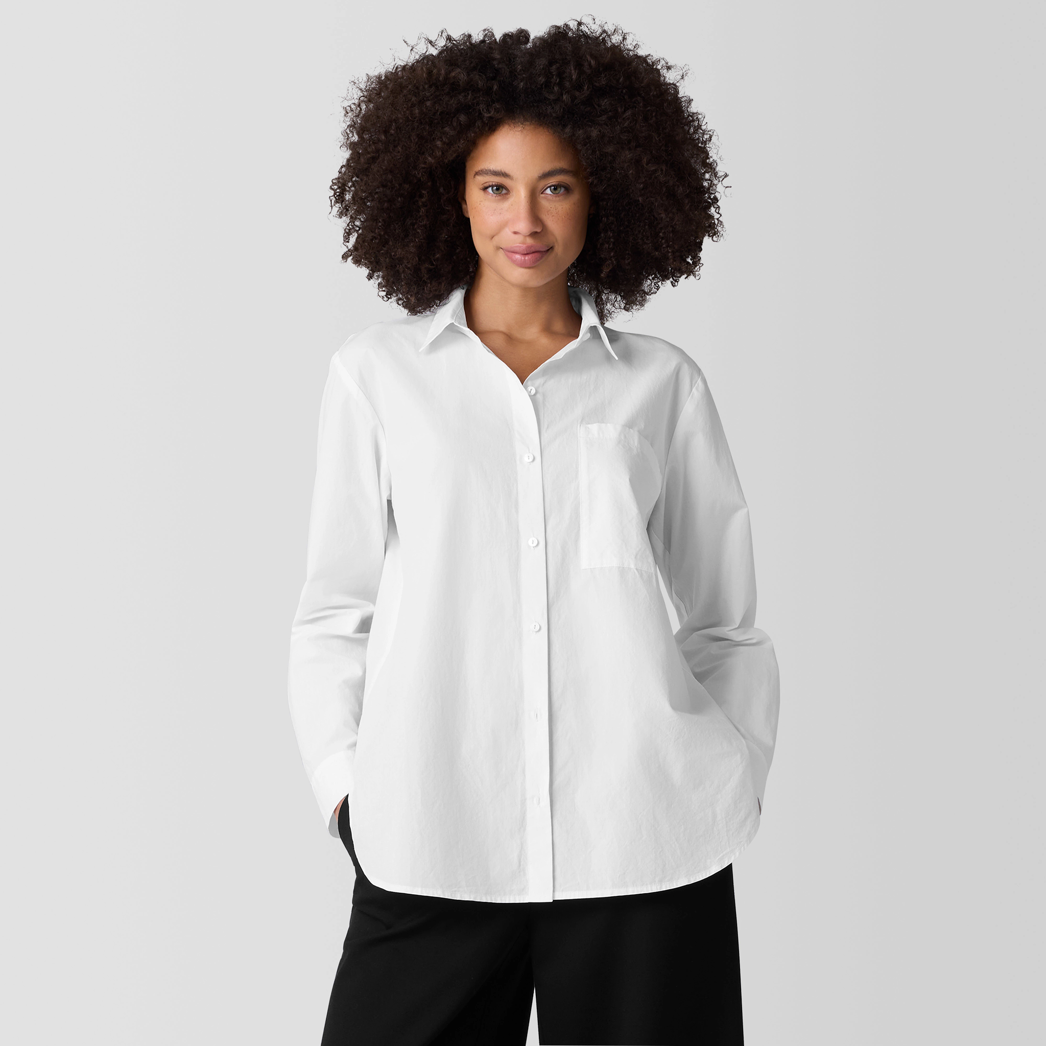 Washed Organic Cotton Poplin Classic Collar Long Shirt from EILEEN FISHER - $178