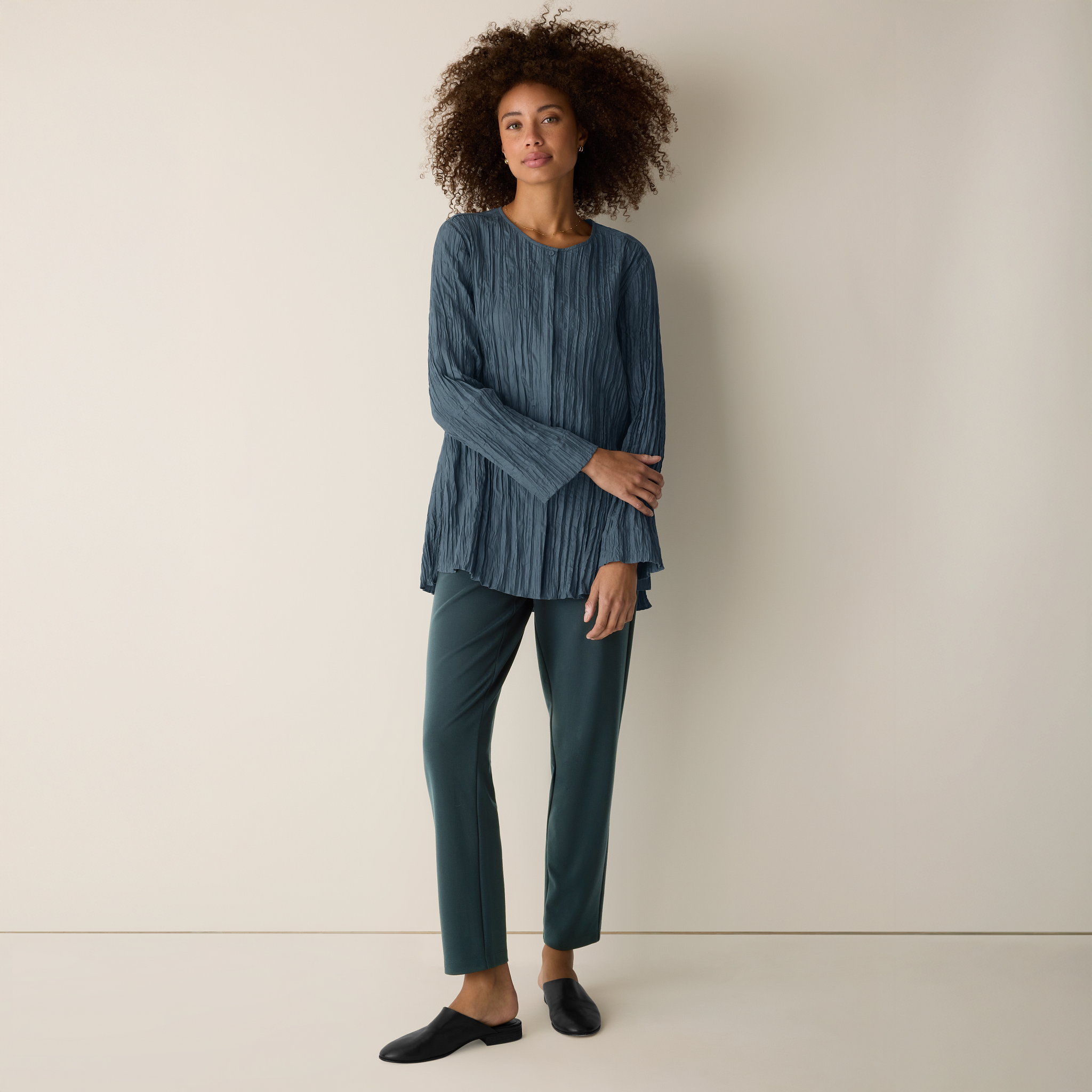 Crinkle Silk Habutai Round Neck Shirt