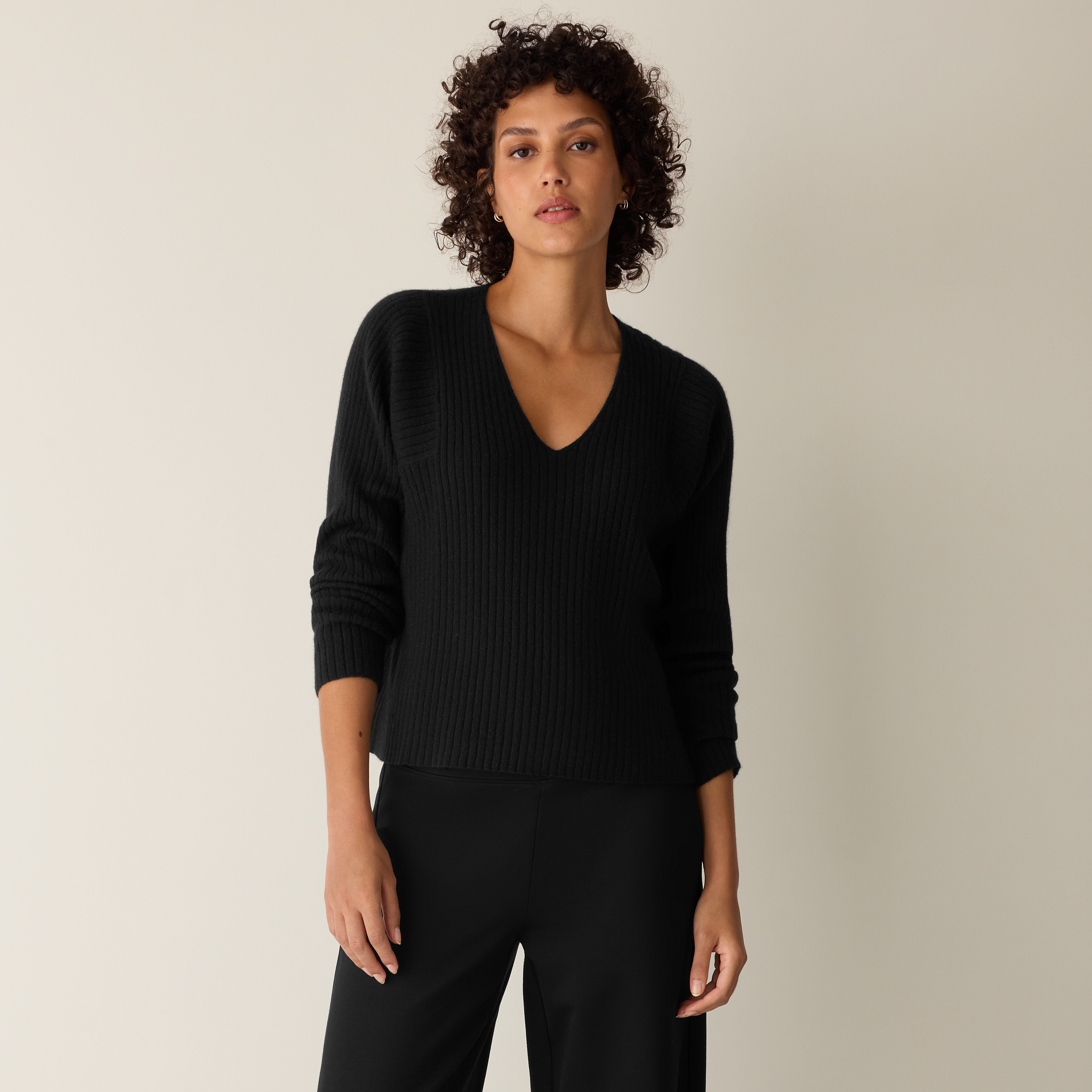 Italian Cashmere Ribbed V-Neck Top
