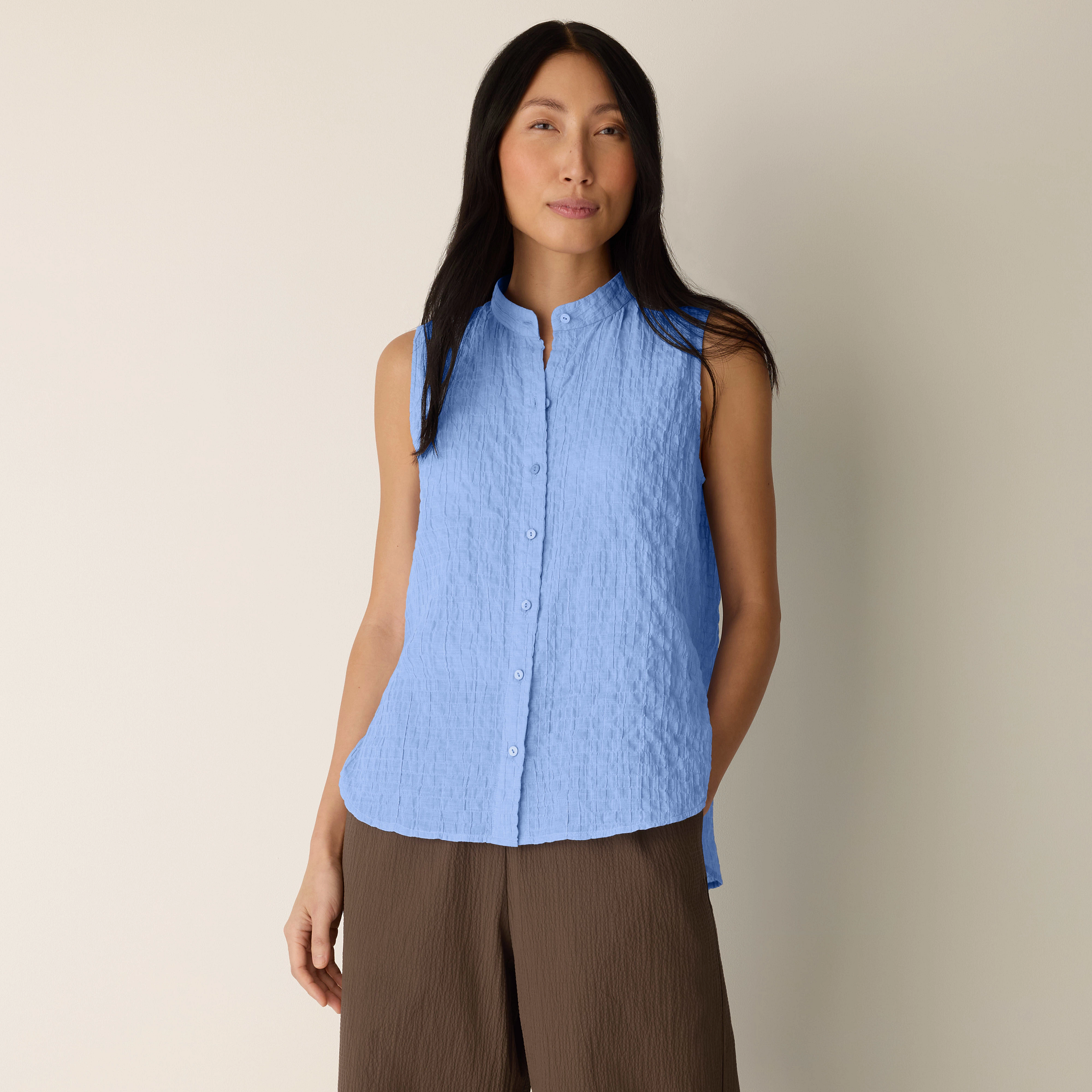 Organic Cotton Microstripe Pucker Sleeveless Shirt from EILEEN FISHER - $128