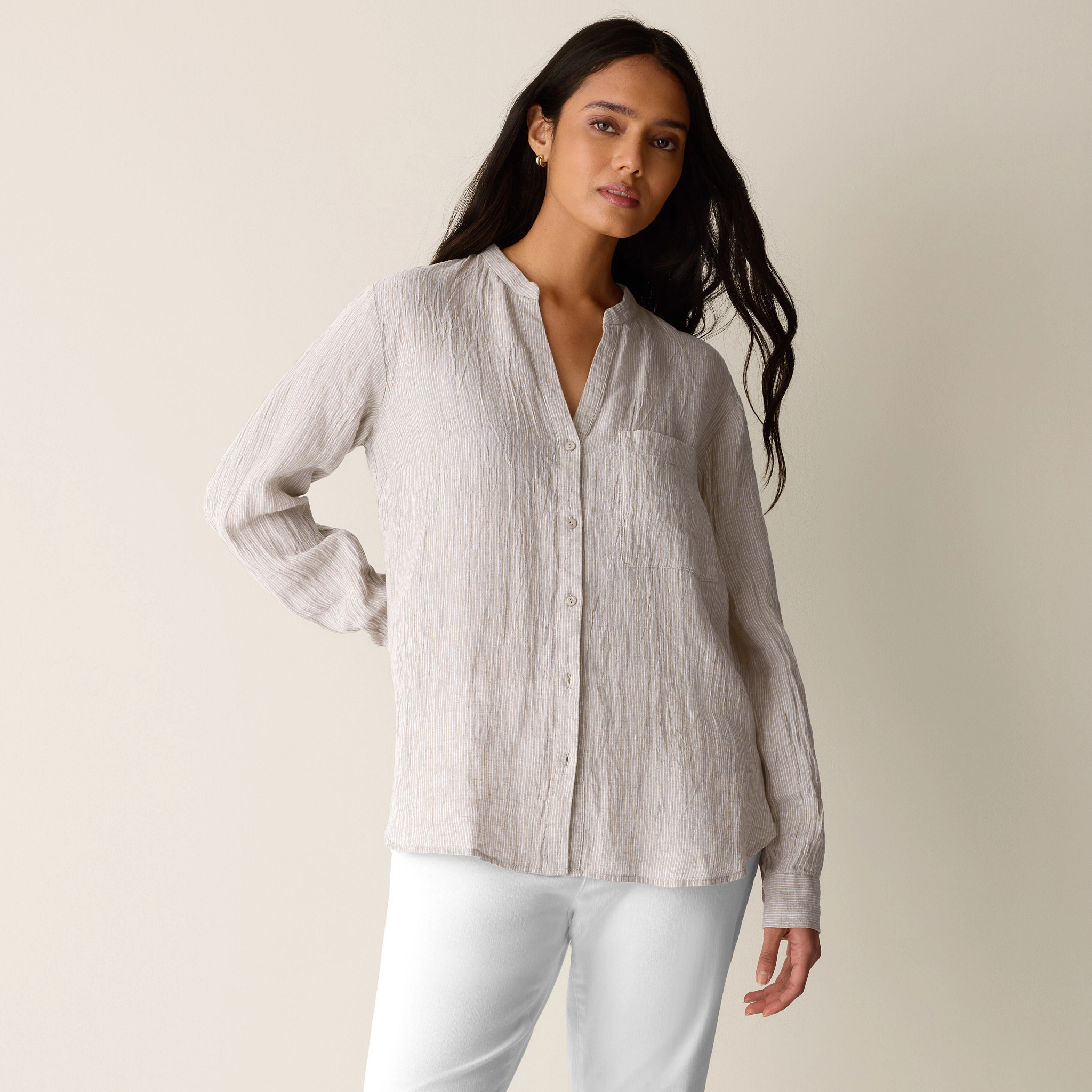 Puckered Organic Linen Stripe Band Collar Shirt from EILEEN FISHER - $198