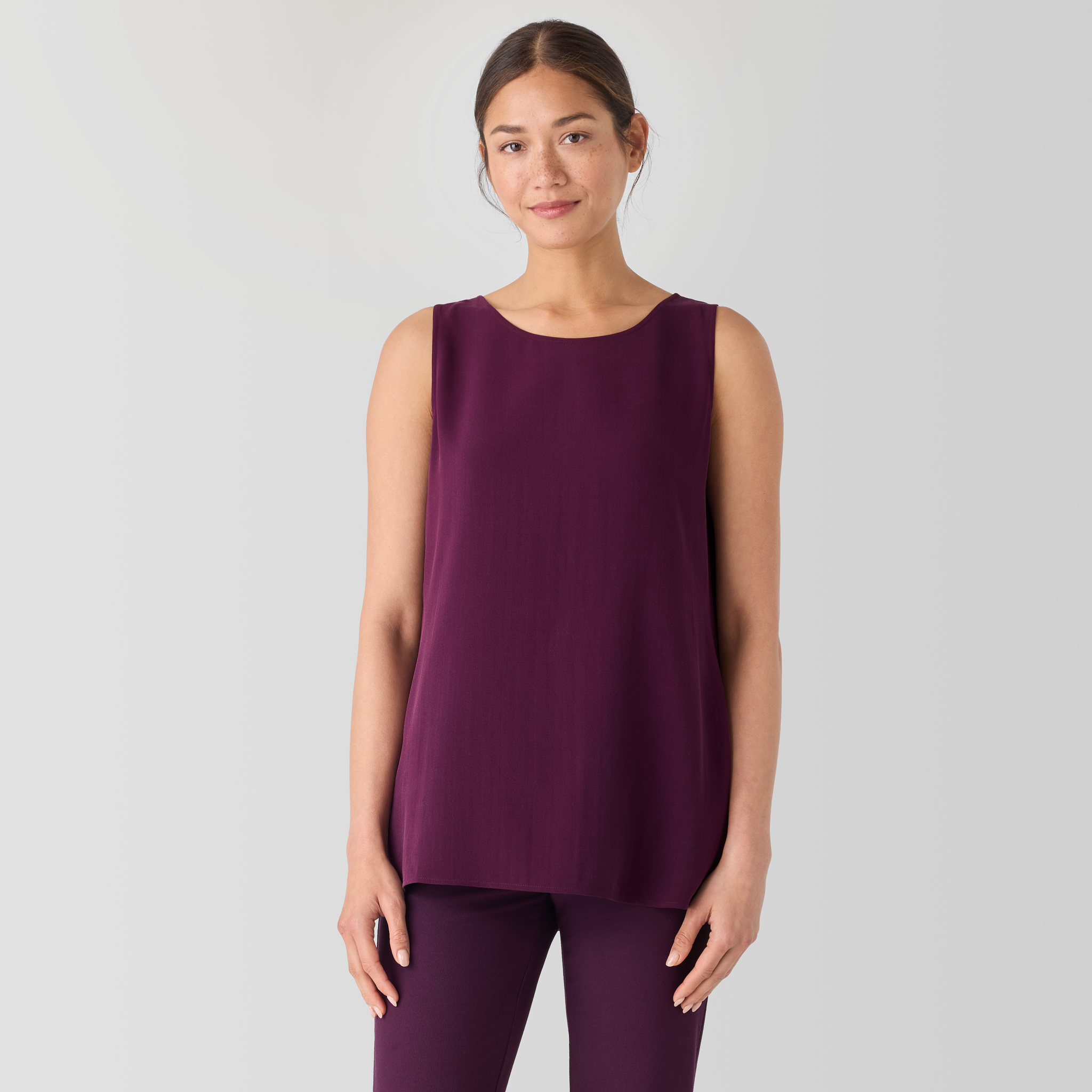 Silk Georgette Crepe Ballet Neck Long Tank | EILEEN FISHER