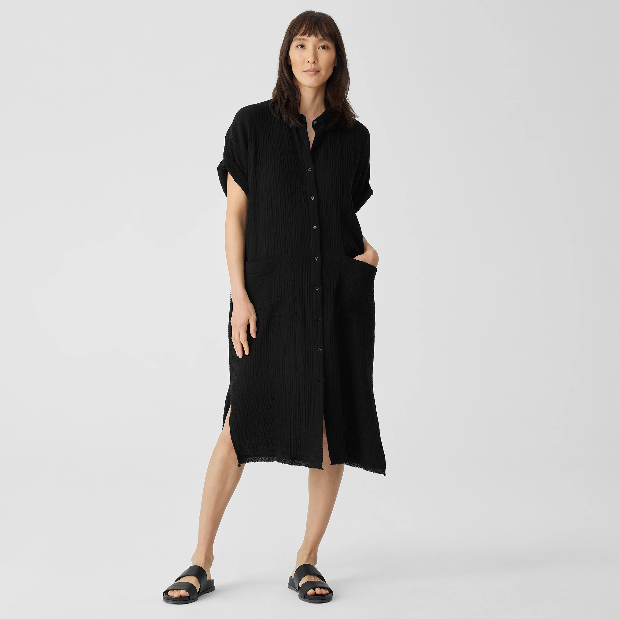 Organic Cotton Gauze Mandarin Collar Dress | EILEEN FISHER