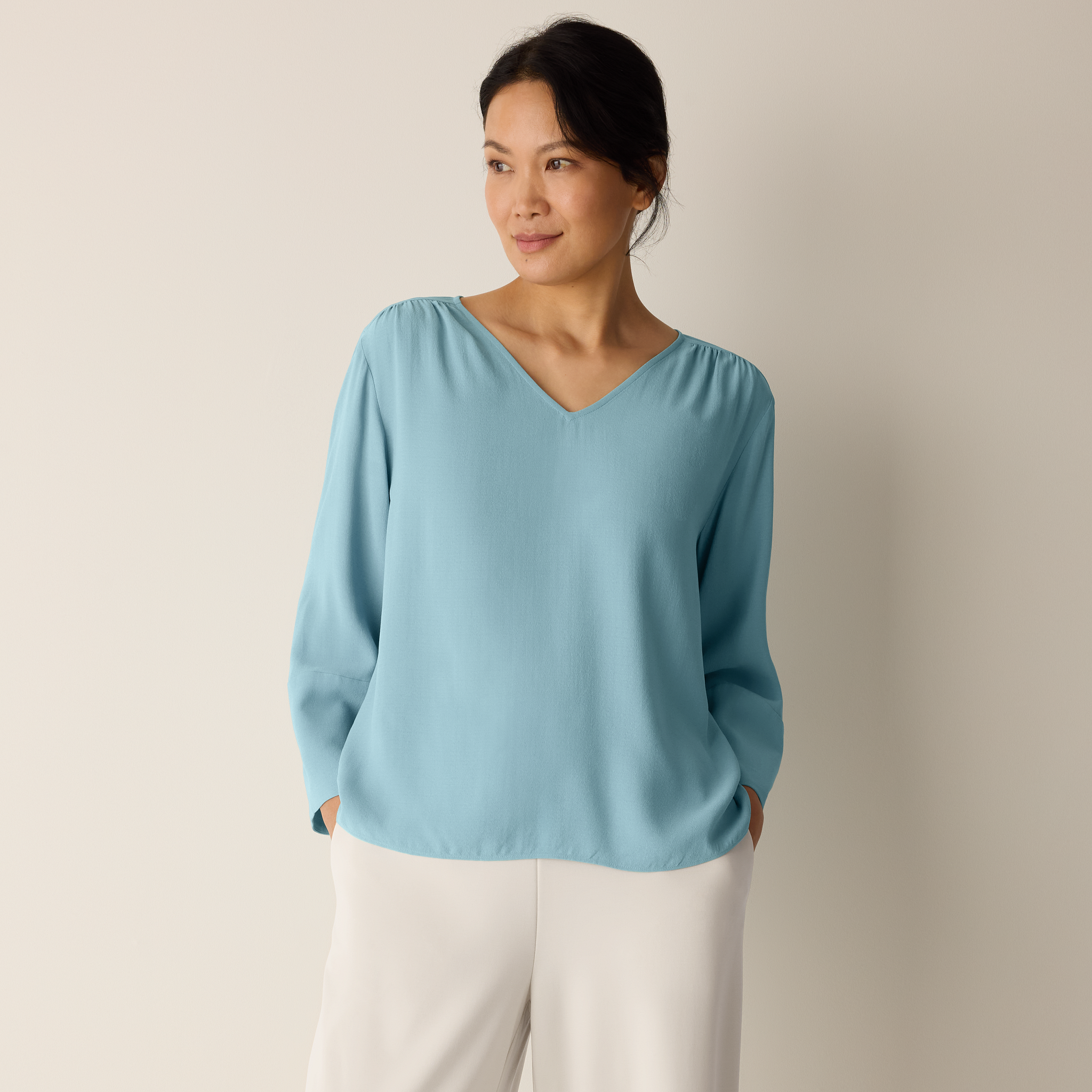 Silk Georgette Crepe V-Neck Top