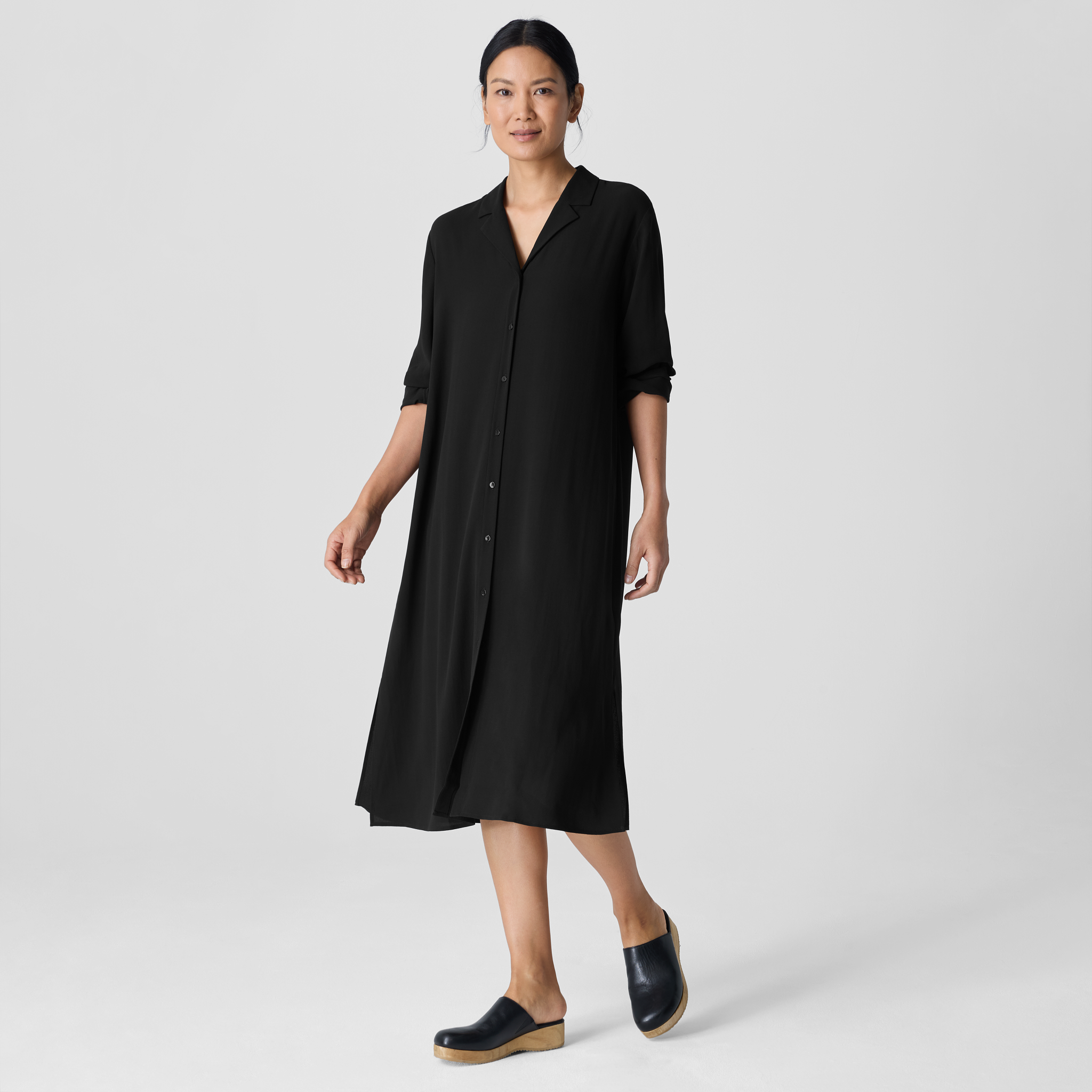 Silk Georgette Crepe Notch Collar Shirtdress | EILEEN FISHER