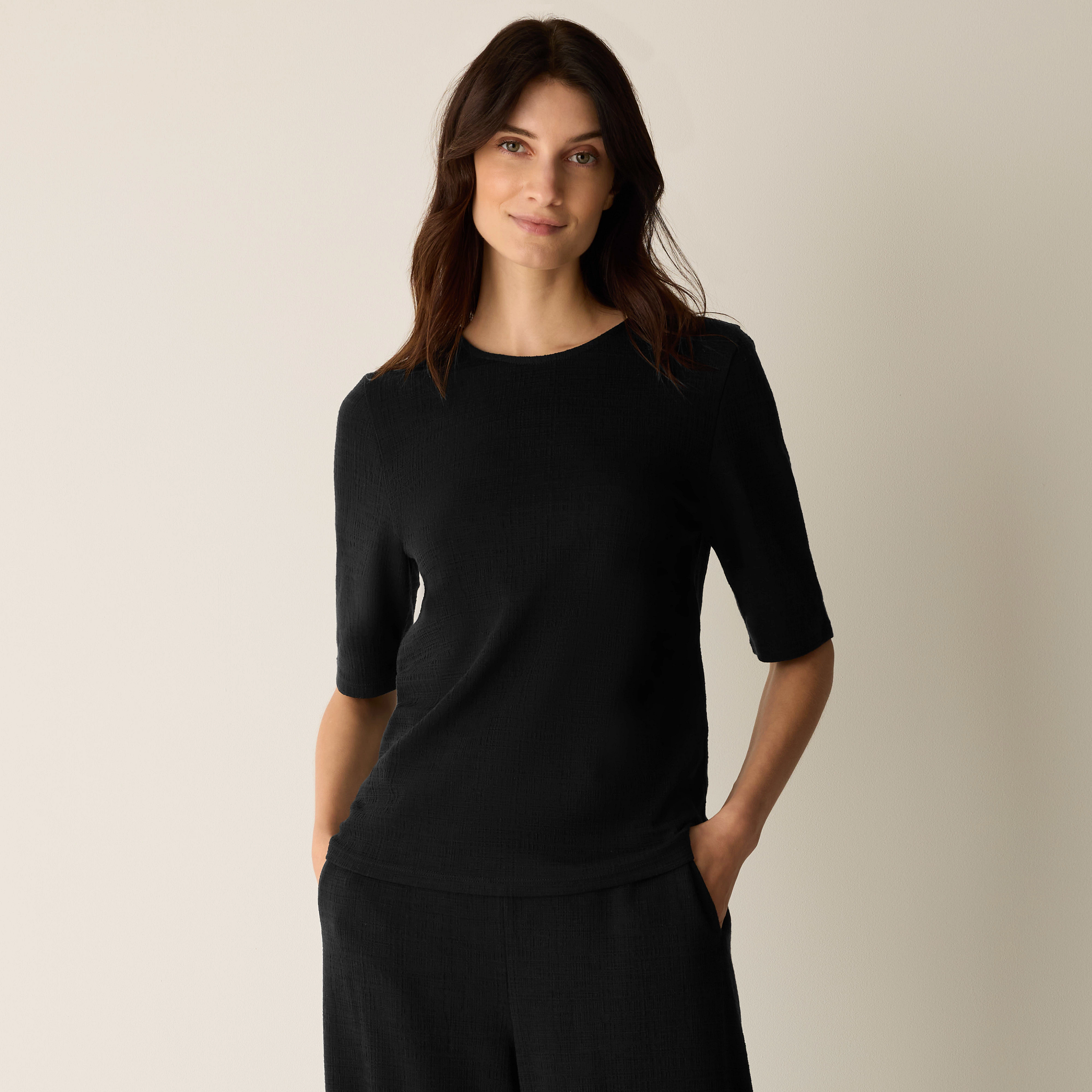 Cross Hatch Stretch Jersey Crew Neck Top from EILEEN FISHER - $148