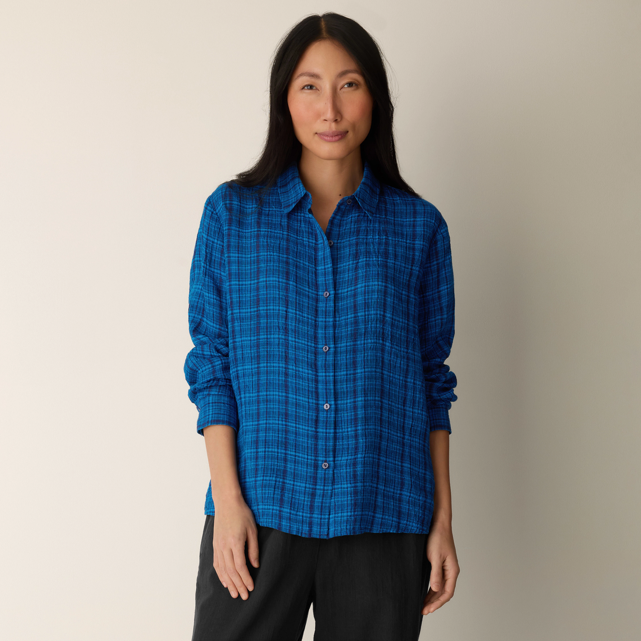 Puckered Organic Linen Plaid Classic Collar Shirt from EILEEN FISHER - $188