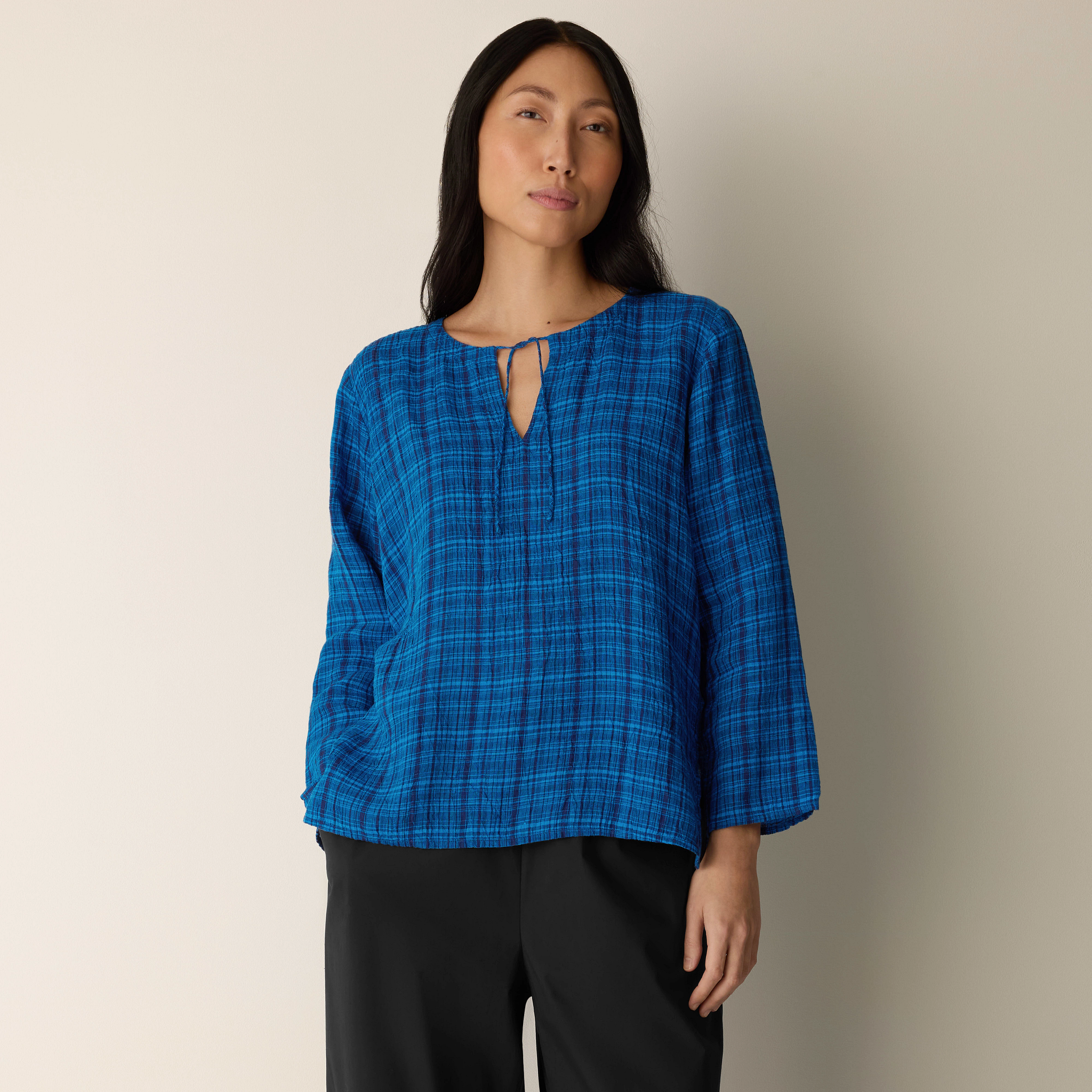 Puckered Organic Linen Plaid Keyhole Top from EILEEN FISHER - $178