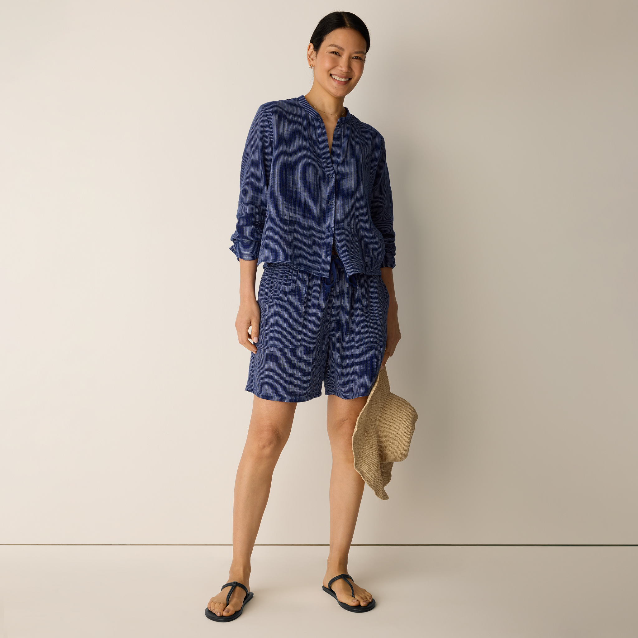 Striped Organic Cotton Gauze Walking Shorts from EILEEN FISHER - $128