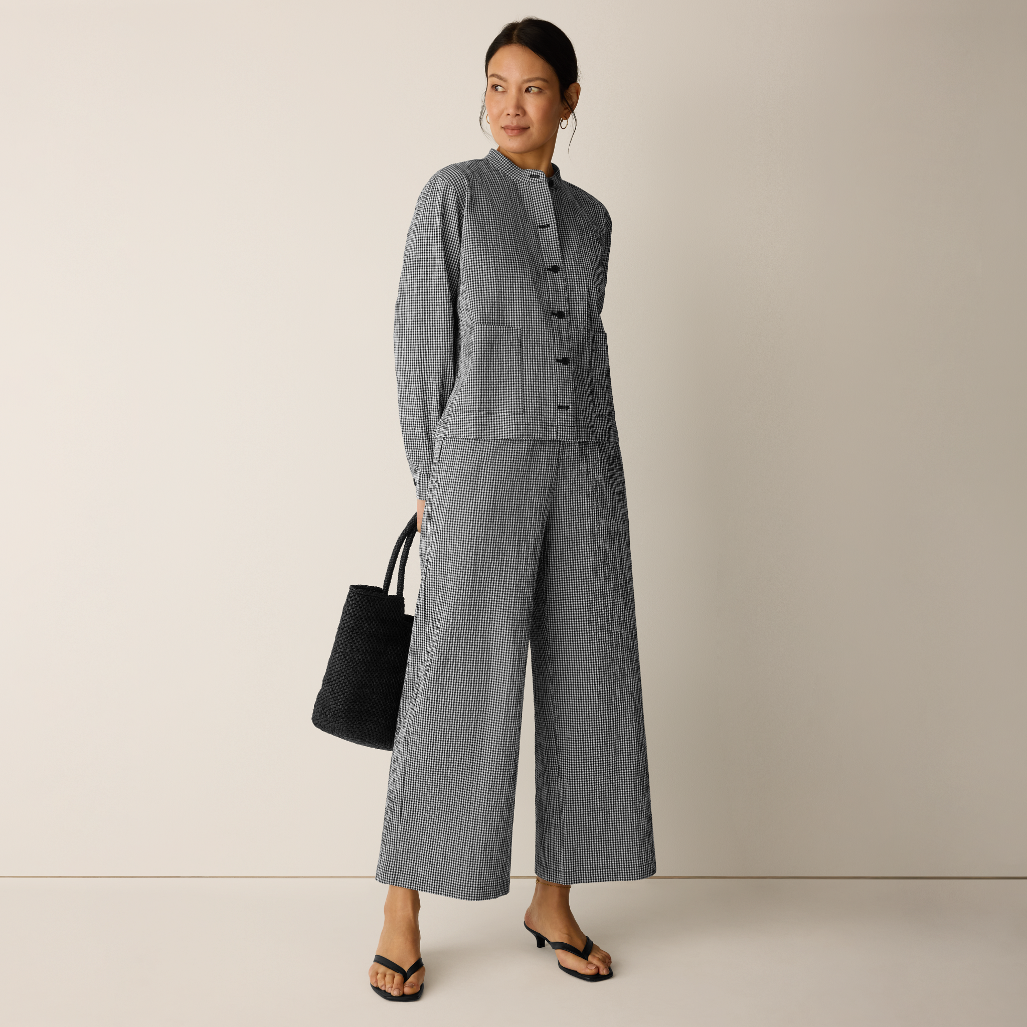 Organic Cotton Pucker Check Wide-Leg Pant