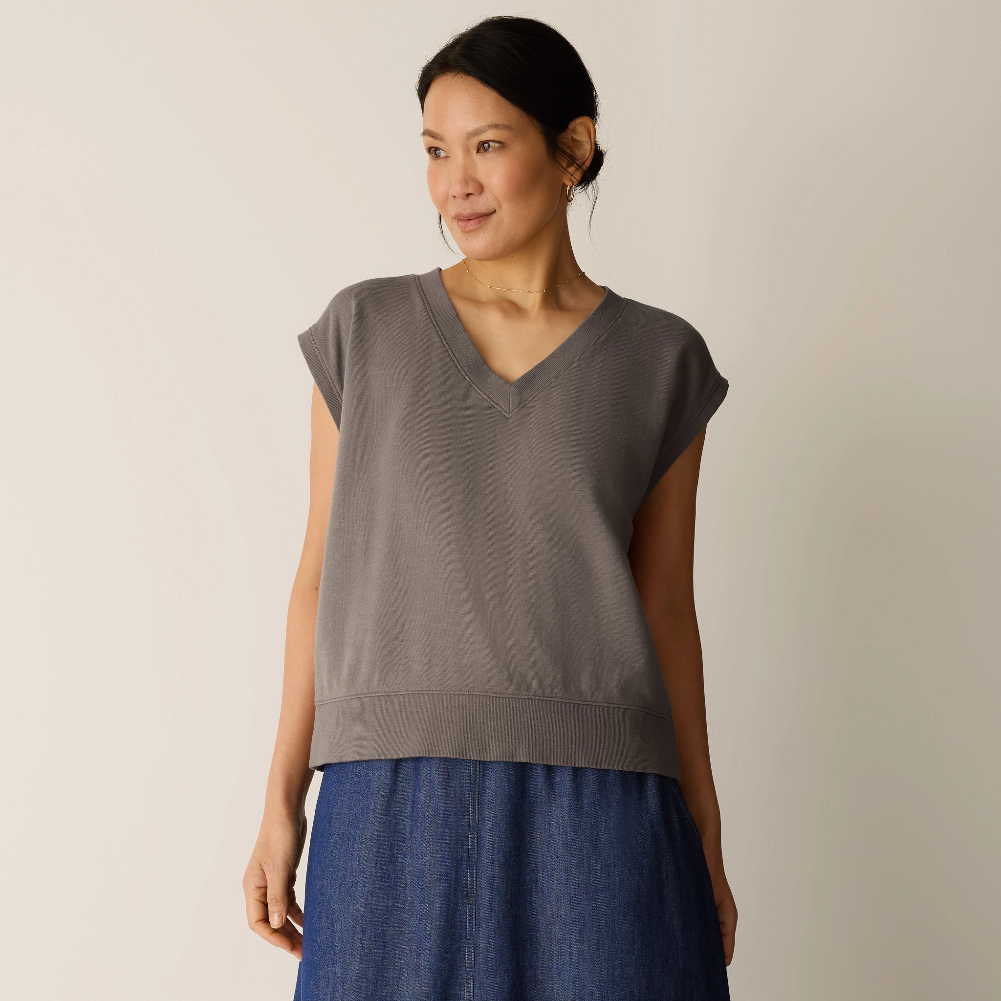 Garment-Dyed Organic Cotton Terry V-Neck Top