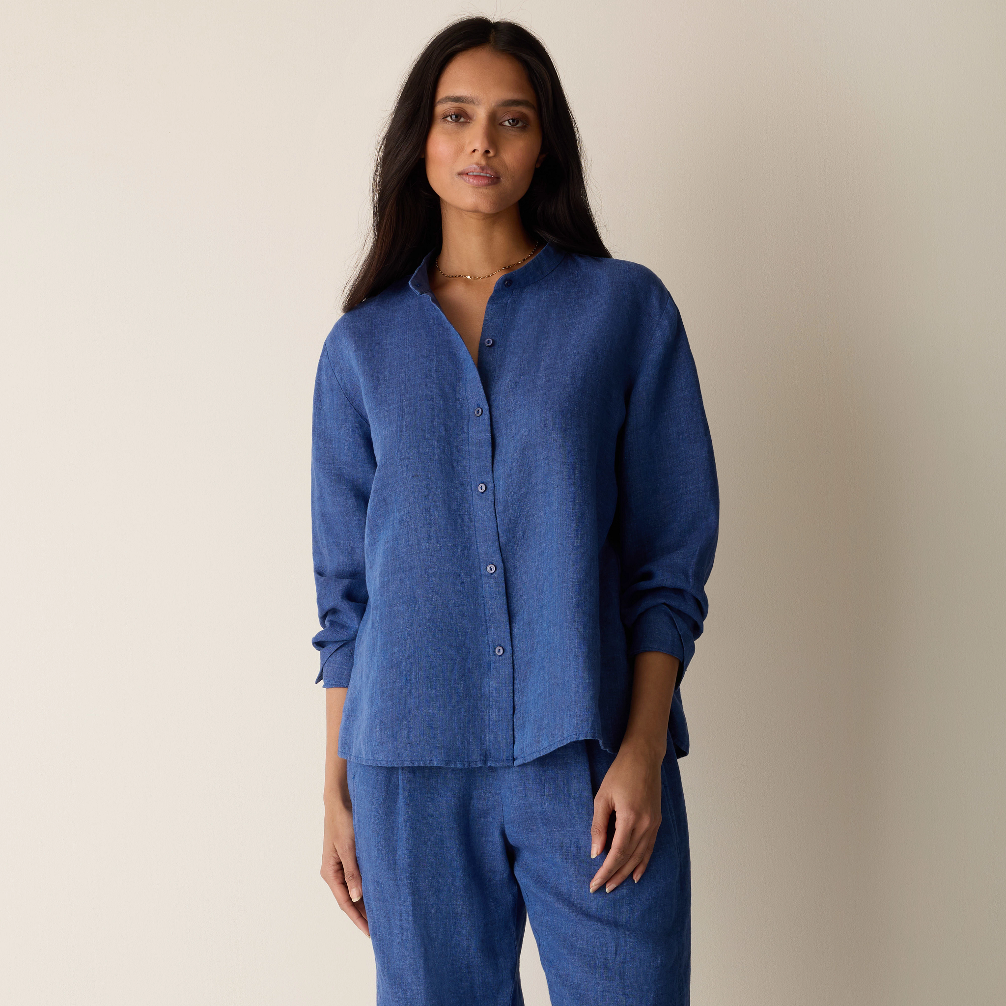 Washed Organic Linen Délavé Band Collar Shirt from EILEEN FISHER - $198
