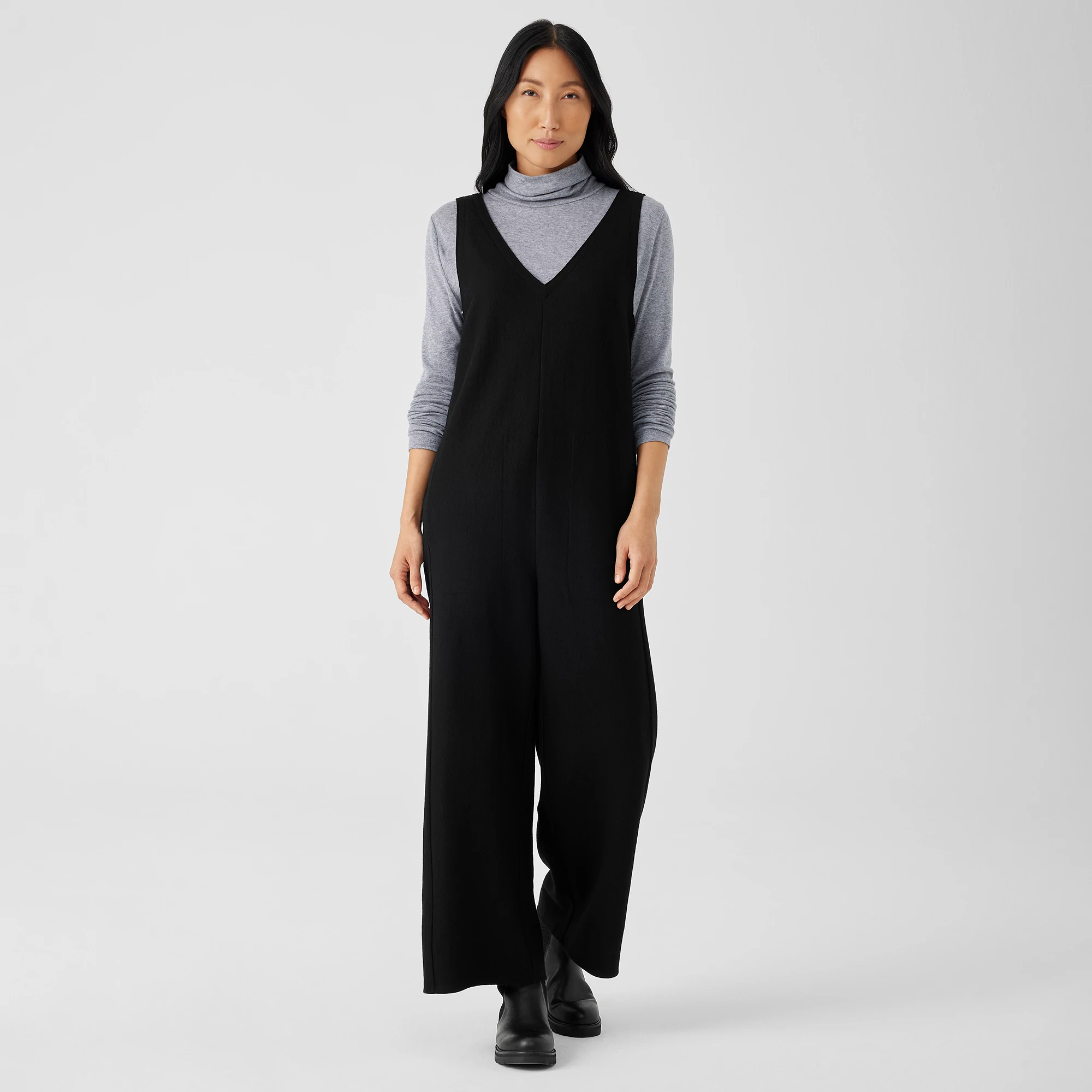 Boiled Wool Jersey V-Neck Jumpsuit | EILEEN FISHER